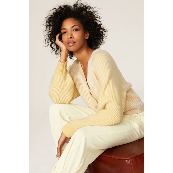 NAADAM Wool Cashmere Ribbed Color Block Fisherman Sweater Cardigan XS Cozy Crop - Picture 4 of 13